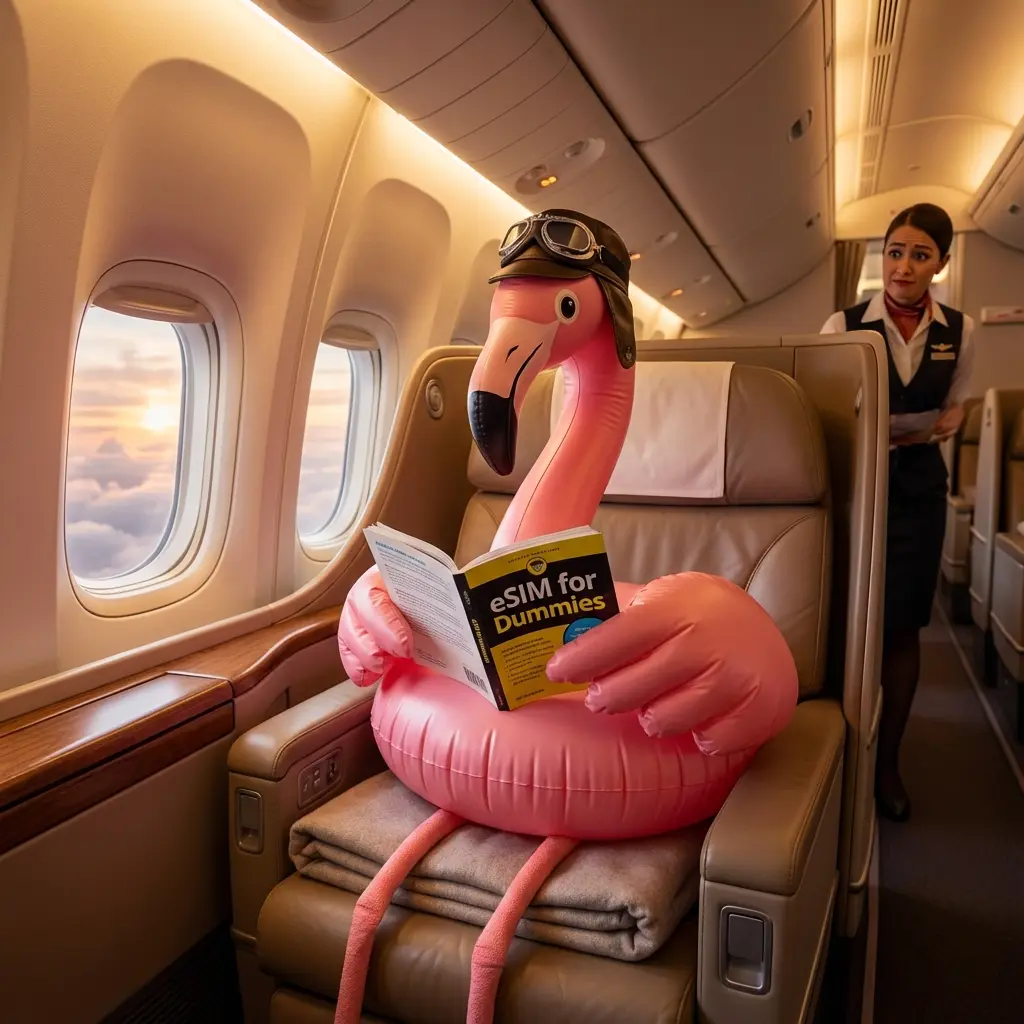 Giant pink inflatable flamingo reading an eSIM guide